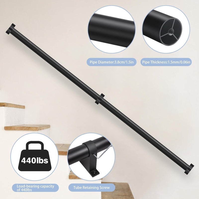 SDNBHT Industrial Stair Railing Metal Hand Rails for Indoor Stairs Wall Mount Staircase Handrails 1.5" Pipe Stair Handrail for Steps Black Aluminum Stairway Railing for Outdoor & Indoor Stairs 10ft - Image 2